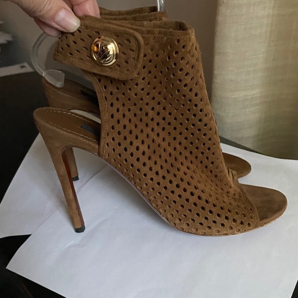 Louis Vuitton brown suede open toe perforated ankle stra boots heels booties 7.5 - Picture 7 of 10
